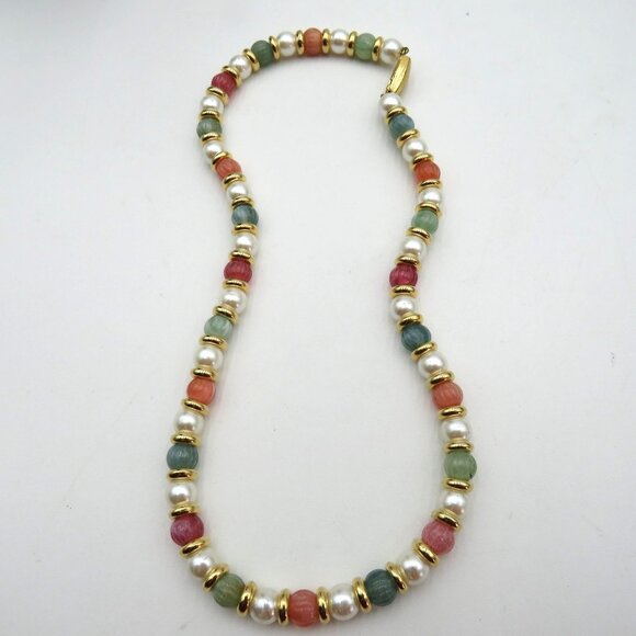 Beaded Necklace Faux Pearl Glass Carved Beads Multicolor Gold Tone Spacers Oval - Picture 6 of 13